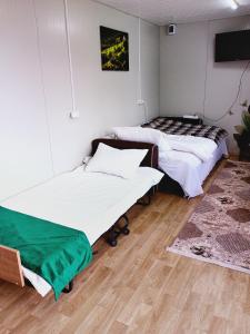 a room with two beds and a tv in it at Căsuțele De Sub Codru in Colacu