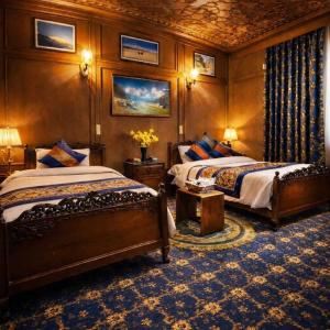 a bedroom with two beds in a room with a ceiling at Floating Luxury Group Of Houseboats in Srinagar