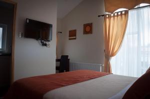 1 dormitorio con 1 cama, TV y ventana en Madero Aysen ApartHotel en Coyhaique