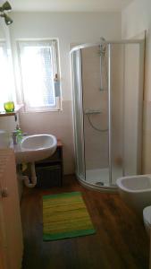 un bagno con doccia e lavandino di B&B I Baloss a Berbenno