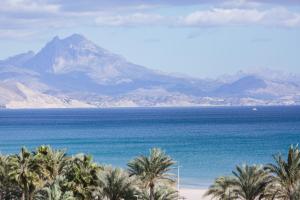 a view of the ocean with palm trees and a mountain at Hotel Almirante in Alicante