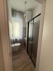 a bathroom with a shower and a tub and a toilet at Placanica Apartment in Calitri