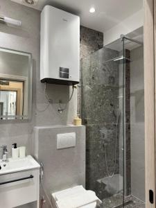 a bathroom with a shower and a toilet and a sink at Apartments Vé in Budva