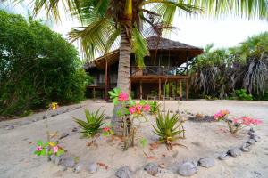 a house on the beach with a palm tree and flowers at Simply Saadani Camp, A Tent with a View Safaris in Mkwaja