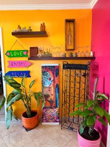 a room with a colorful wall with a gate and plants at Magic Colombia in El Porvenir