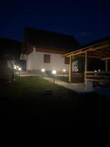 a building with lights on the side of it at night at Panorama Residence Ivan in Pljevlja
