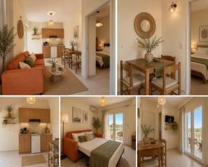 two pictures of a living room and a bedroom at Nomads in the south in Tsoutsouros
