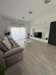 a living room with a couch and a tv at Malvina Apartments Cazare Mures in Târgu-Mureş
