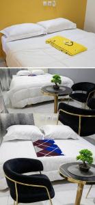 two pictures of beds and tables with bonsai trees on them at Cité des Nîmes in Bouaké