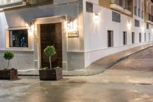 a building with a door and two potted trees in front at Alojamientos El Parque in Rute