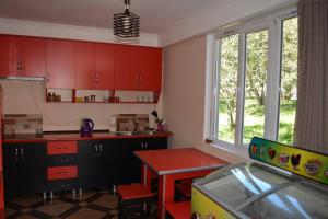a kitchen with red cabinets and a table and an aquarium at Budget Hostel in Mestia in Mestia