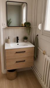 a bathroom with a sink and a mirror at Appartement Dunkerque cocooning centre ville in Dunkerque