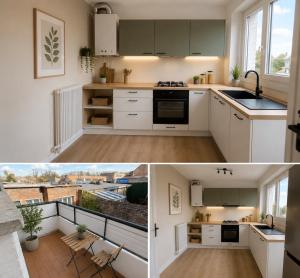 a kitchen with white cabinets and a balcony at Appartement Dunkerque cocooning centre ville in Dunkerque