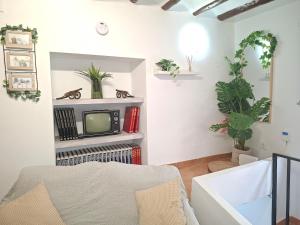 a living room with a tv sitting on a shelf at Villa Rueda in Moratalla