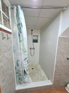 a shower with a shower curtain in a bathroom at Villa Rueda in Moratalla +30 photos