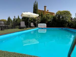 a large blue swimming pool with an umbrella at Casa Rural Angorrilla in Reolid