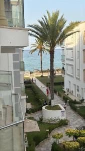 a building with a palm tree next to the ocean at Front de mer Chott Mariem in Chott Meriem