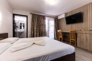 a bedroom with a bed with a television and a desk at Pensiunea ANDREI OCNELE MARI in Râmnicu Vâlcea