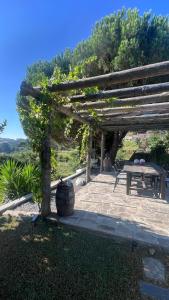 a wooden pergola with a bench and a table at Quinta da Luena in Candemil