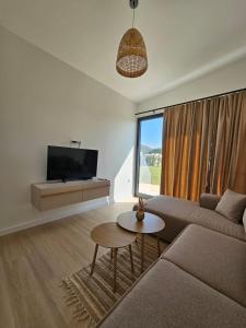 a living room with a couch and a tv and a table at Tommys Village in Ulcinj