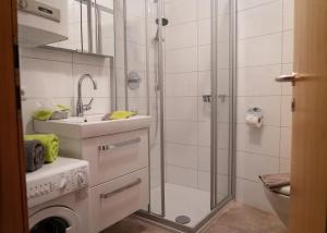 a bathroom with a shower and a sink and a washing machine at Ferienwohnungen Vomperberg in Schwaz +92 photos