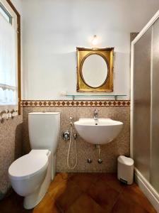 a bathroom with a toilet and a sink and a mirror at Il giardino delle cince in Borgo Ticino +6 photos