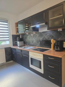 a kitchen with black cabinets and a stove top oven at Simple Modern Apartment in Duisburg