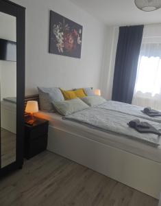 a bedroom with a bed with a mirror and a window at Simple Modern Apartment in Duisburg