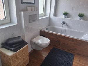 a bathroom with a tub and a toilet and a sink at Ferienhaus Schönek in Warmensteinach