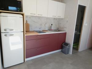 a kitchen with red cabinets and a white refrigerator at Tiny house TIA in Nova Gorica