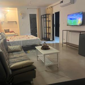 a living room with a couch and a tv at Hôtel Colibri Lac Rose in Niaga