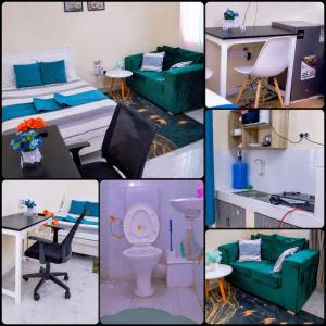 a collage of pictures of a room with a bed and a bathroom at Des Homes in Nairobi