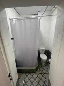 a bathroom with a toilet and a shower curtain at Diamond resort in Bosteri