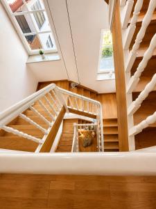 a dog looking up the stairs of a house at Hotel garni Königslinde - Wandern, Radeln, Skifahren & Genießen in Bayrischzell