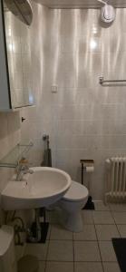a bathroom with a white sink and a toilet at Ferienwohnung FeLuMi in Wadgassen +7 photos