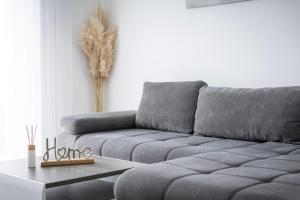 a living room with a gray couch and a table at BALATON A KERTBEN - BALATON IN THE GARDEN - Beachfront villas with beautiful view, private beach in Balatonfenyves