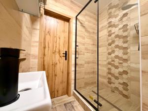 a bathroom with a sink and a shower at Apartmánový byt Kostička 7 in Kadaň +1 photo