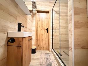 a bathroom with a sink and a shower at Apartmánový byt Kostička 7 in Kadaň