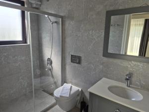 a bathroom with a shower and a toilet and a sink at Villa Kaya Maris Göcek in Fethiye +14 photos