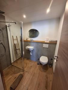 a bathroom with a toilet and a sink and a shower at FeWo MaiFlo in Briedern
