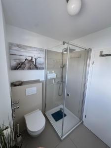 a bathroom with a shower and a toilet at Möwennest 13 Scharbeutz in Scharbeutz +15 photos