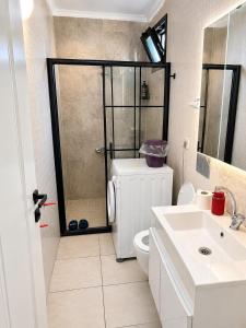 a bathroom with a shower and a toilet and a sink at LOYA HOME CiTY CENTeR in Trabzon