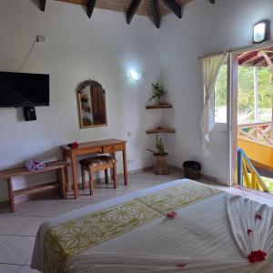 a bedroom with a bed and a desk and a television at La Diguoise in La Digue