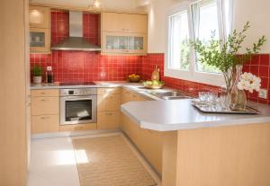 a kitchen with red tiles on the wall at Holiday Lefkas Moonlight Luxury Appartments in Nikiana