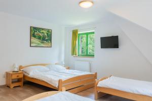 a bedroom with two beds and a tv on the wall at Chata Rozhlas in Železná Ruda