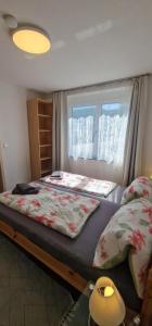 a bed in a room with a window and a bed sidx sidx sidx at Ferienunterkunft Bella Italia in Friedrichshafen