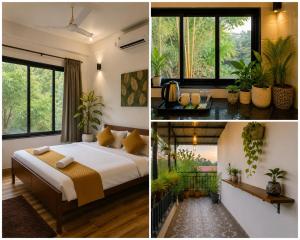 a bedroom with a bed and some plants and windows at Assagaon Studio at Kiara Homes in Assagao