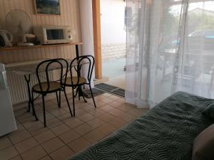 a room with two chairs and a kitchen with a table at LE CHAMOIS DORT in Die