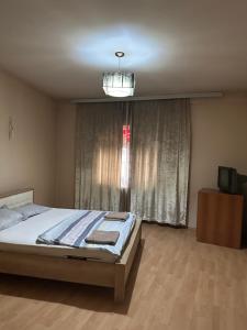 a bedroom with a large bed and a window at Kosvegas apartment 10 in Kosovo Polje