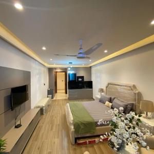 a living room with a couch and a flat screen tv at Park Ridge Hotel Serviced Apartments - Executive Apartment in Murree